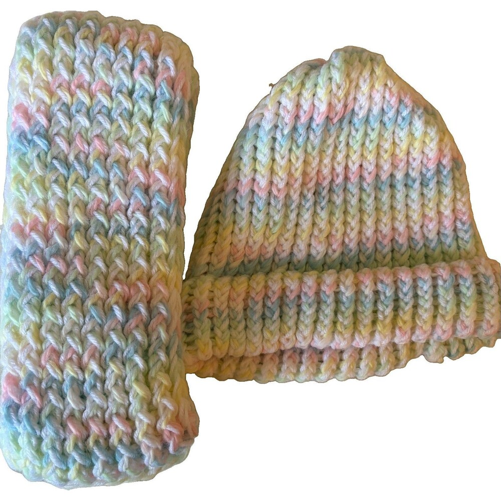 Rainbow Colored Knit Beanie And Scarf Set For Kids
